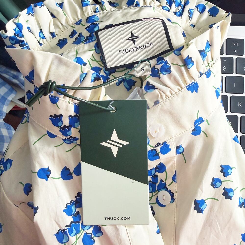 Tuckernuck Cream/Blue Floral Print Blouse Sz S 100% Cotton High Neck Long Sleeve - Picture 6 of 8